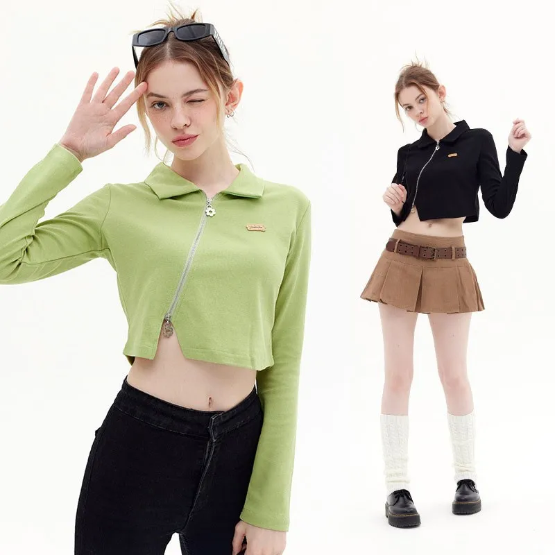 

Polo Collar Long Sleeve T-shirt Autumn New Women's Reduction Of Age Show Thin Chic Simple Blouse Sexy Diagonal Zipper Design