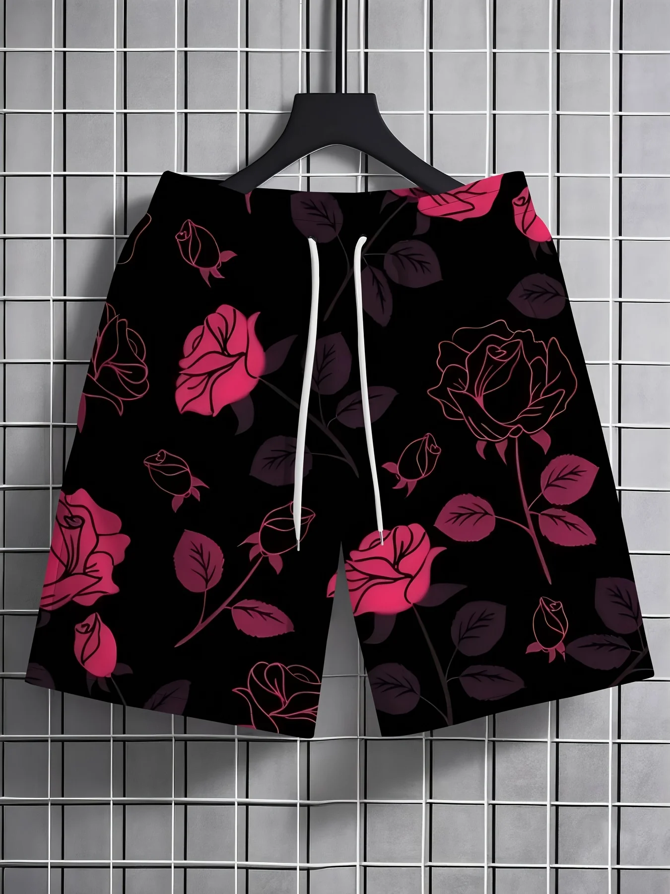 

American men's summer beach rose graffiti print comfortable breathable drawstring shorts outdoor vacation casual pants