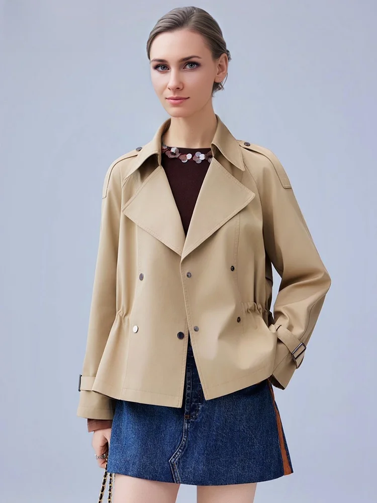 Simple Style Women's Short Windbreaker Jacket Double Row Buttons Design Slim Fit Casual Top Cotton Polyester Spring Fashion