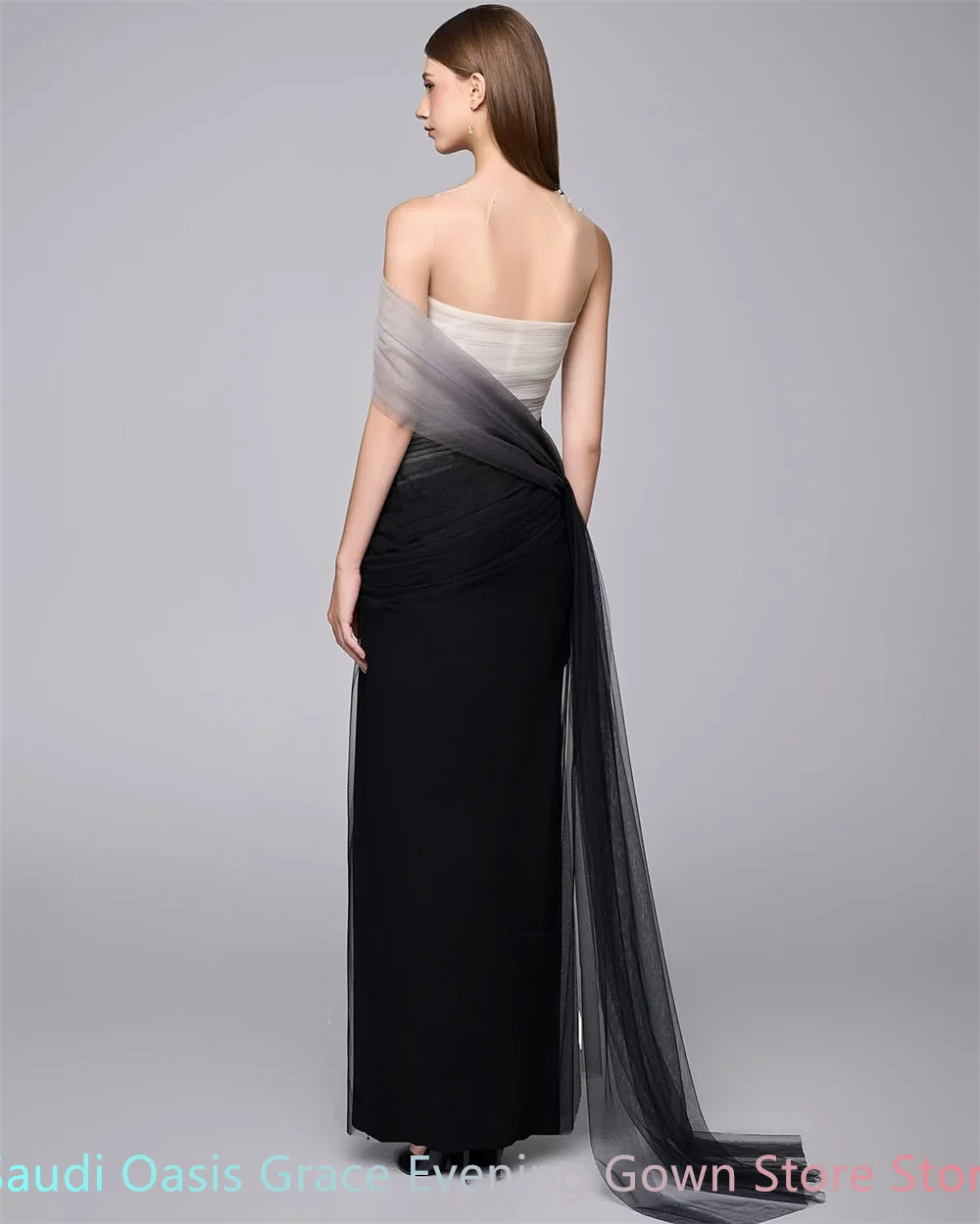 Maßgeschneidertes elegantes Heimkehrkleid aus weißem Tüll, zart, trägerlos, schulterfrei, Kontrastfarbe, Reißverschluss hinten, Vestido De Festa