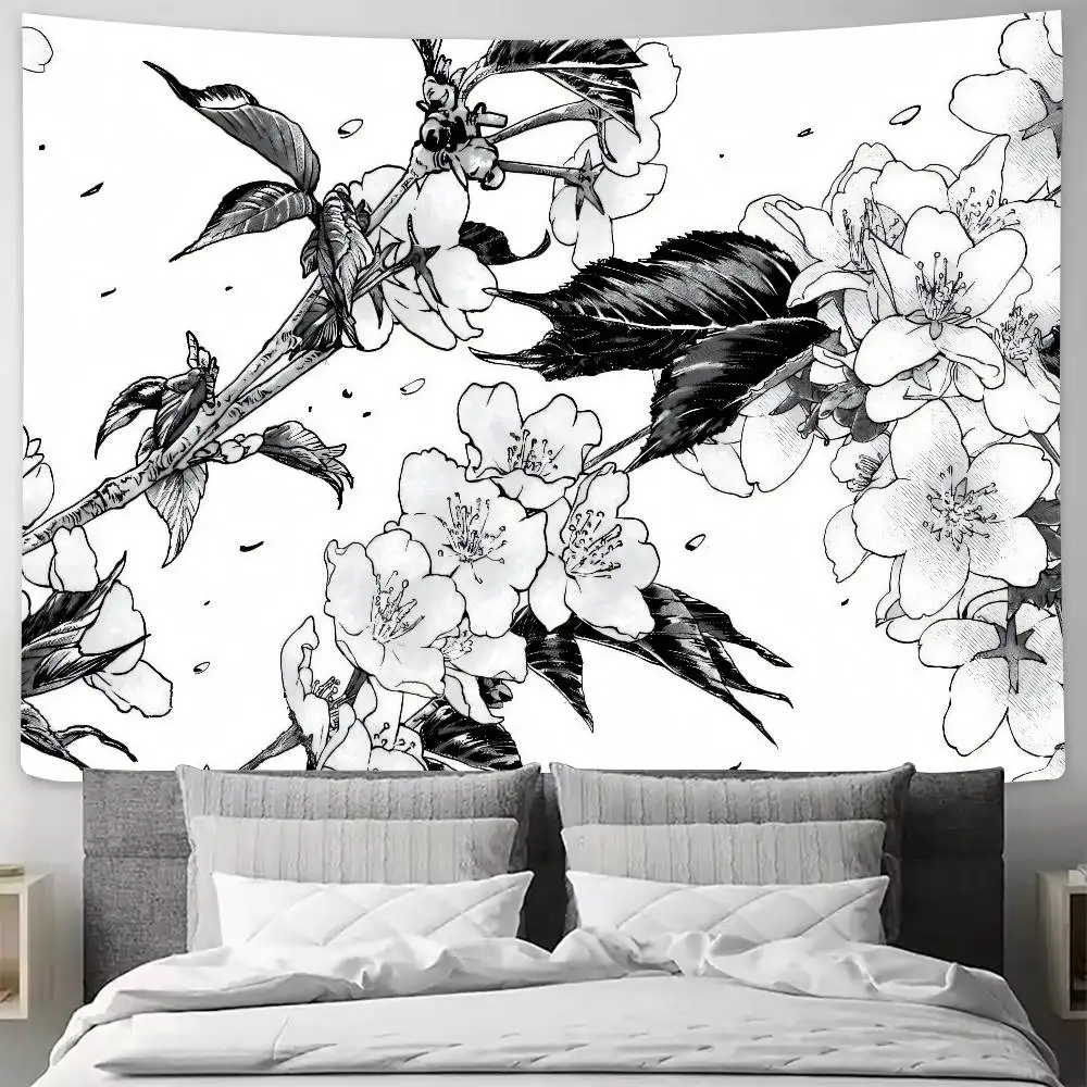 Black White Sketch Cherry Blossom Tapestry, Hand Drawn Sakura Branch  Vintage Floral Line Art Wall Bedroom Decor