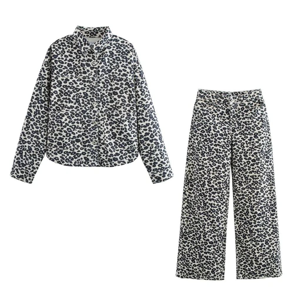 PB&ZA2024 autumn new fashion temperament animal print lapel short jacket jacket wide leg pants two-piece set