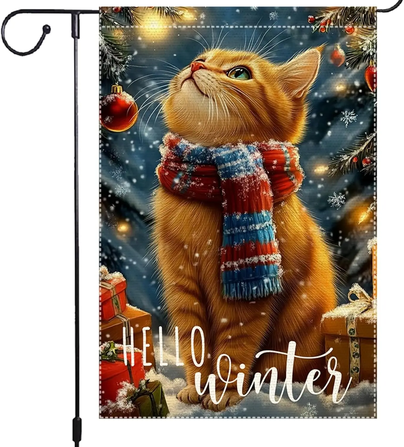Winter Cat Garden Flag 12x18 Inch Double Sided Small Burlap Christmas Outdoor Decoration with Snowy Scarf and Gift Boxes IIK yyi