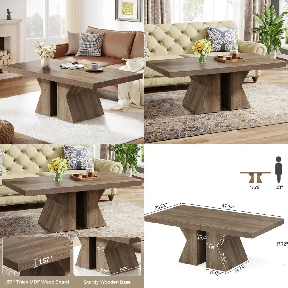 

Rectangular Farmhouse-Style Wood Coffee Table, 47-Inch with Thick Wooden Base for Living Room