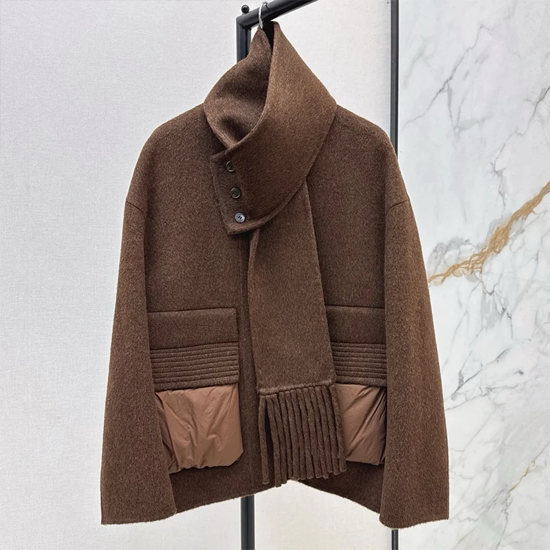 

Женское пальто из высококачественной кашемировой ткани, стеганое пуховым материалом, воротник и шарф, роскошная зимняя одежда 25100907