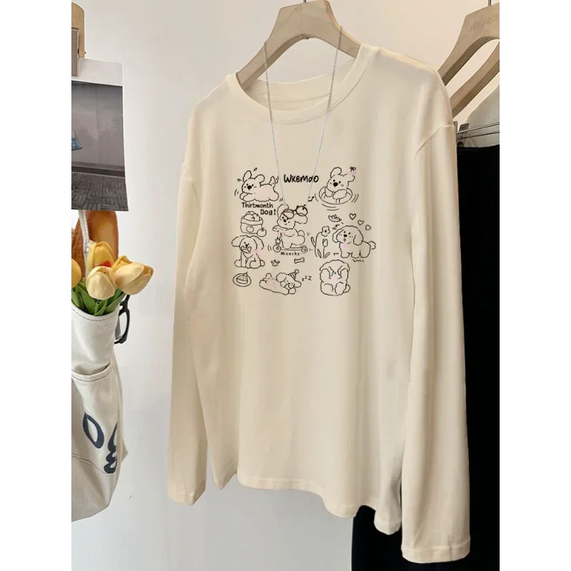 

New Spliced Pullover Loose Round Neck Top Retro Cartoon Print Long Sleeve T-Shirt Women's