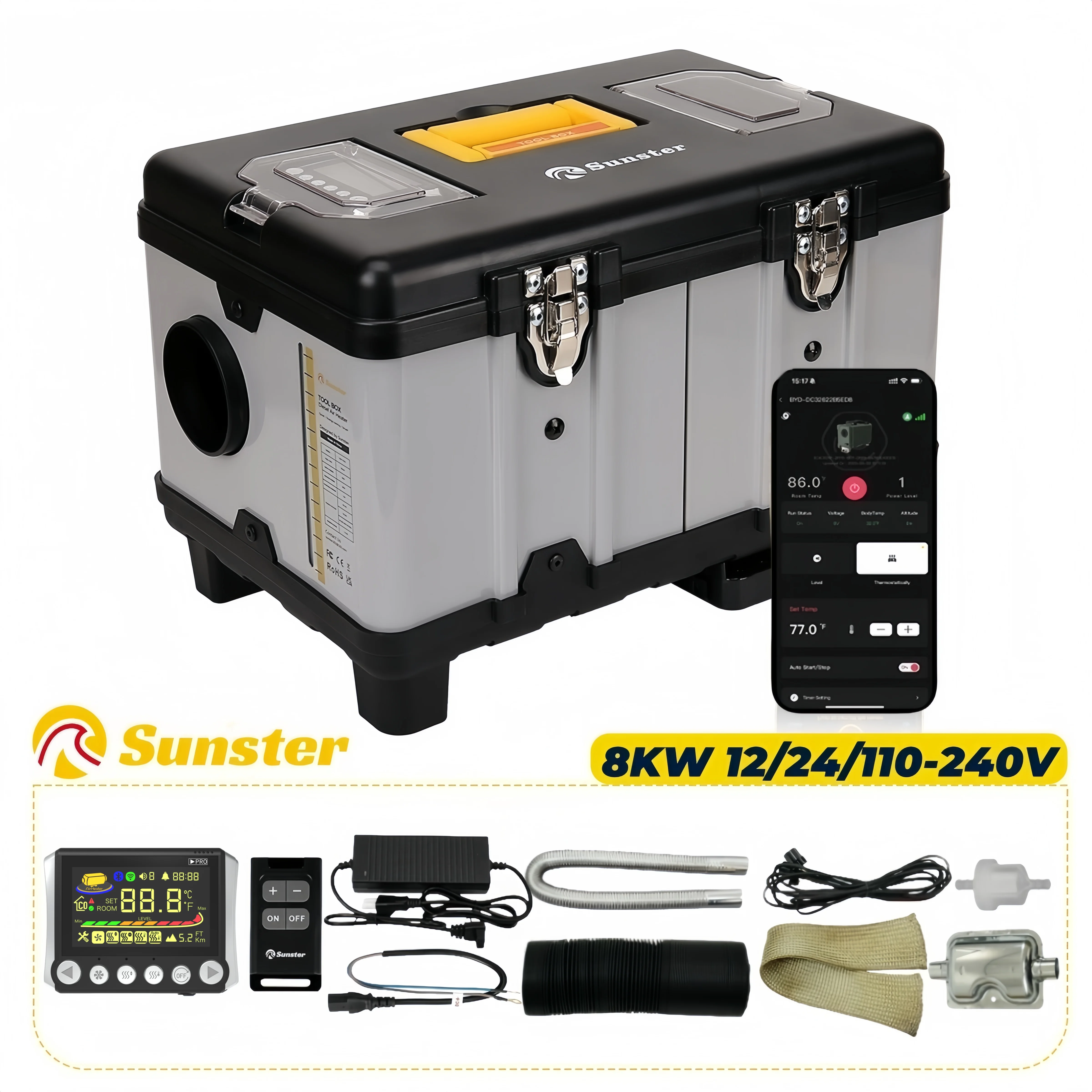 TB10 8KW 12V/24V/230V Diesel Air Heater LCD & Bluetooth APP w/ Auto Start-Stop Adaptive Plateau Parking Heater For Car RV Camper