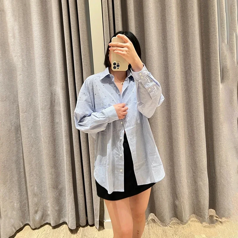 

Shirt for women Rhinestone studded shirt with rivet decoration, loose long sleeved POLO collar, 2024 early autumn small square