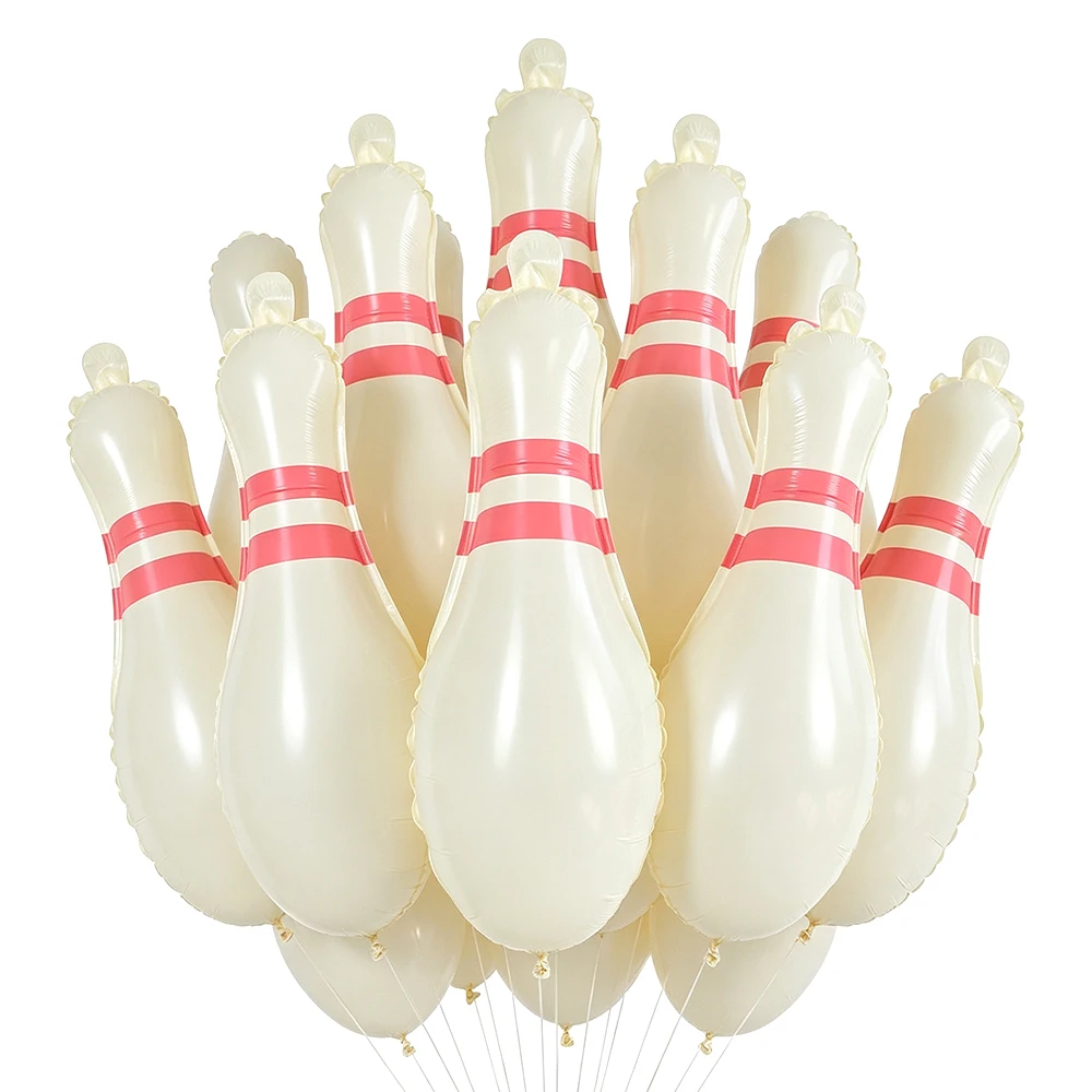 10 Stück Cremeweiße Bowling-Mylar-Ballons mit rosa Streifen für Bowlingclub-Events, Sport-Themen-Geburtstagsfeiern, Dekorationen und Gastgeschenke