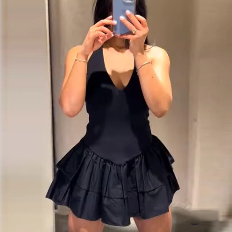 Hxao sólido vestidos curtos 2025 mulher verão sexy sem costas vestido de festa halter fora do ombro em camadas mini vestido com decote em v vestido de verão 088