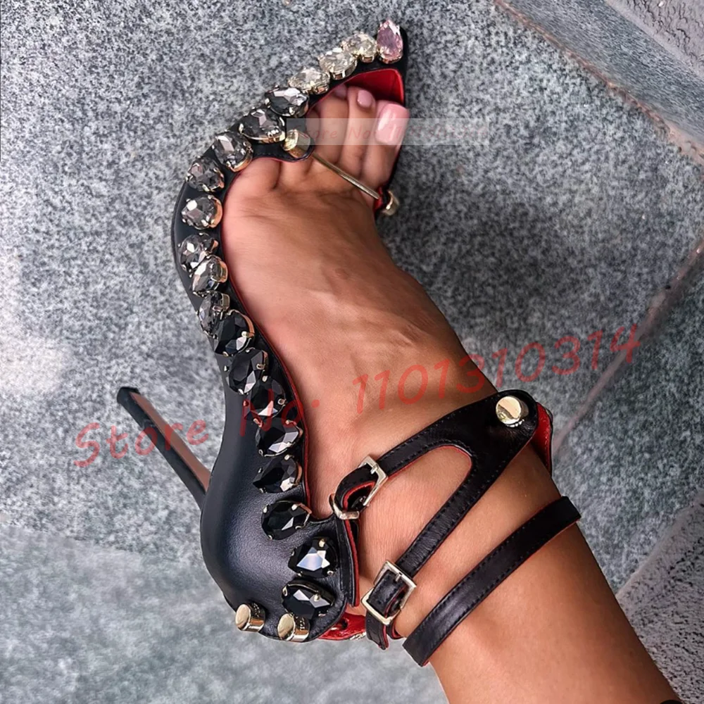 Gems Trim Metal Nail Heels Sandals Women Cross Strap Pointy High Heels Bling Party Shoes Luxury Stiletto Heels Large Size Shoes