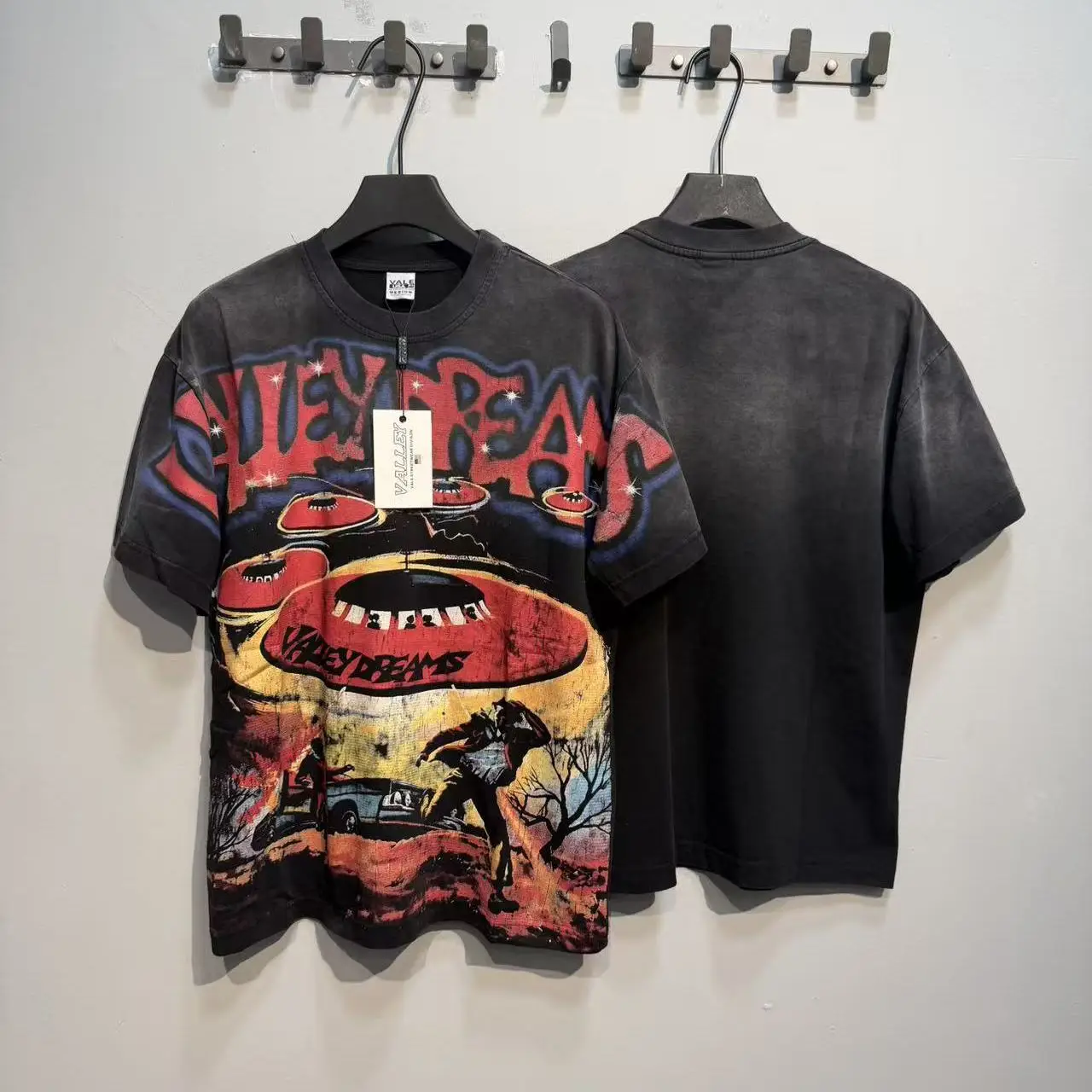 Vale Valley American Trendy Brand Retro UFO Print High Street Loose Heavyweight Pure Cotton Short Sleeve T-Shirt Unisex