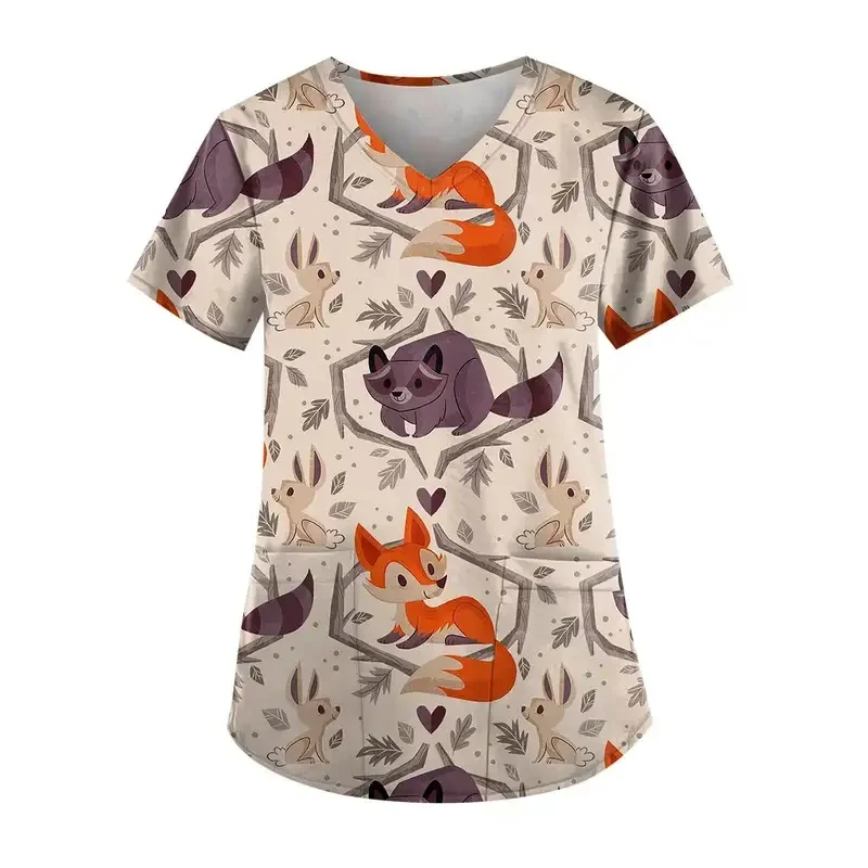 Fashionable women's dental nurse workwear with cartoon print short-sleeved with patch pockets medical surgical work top