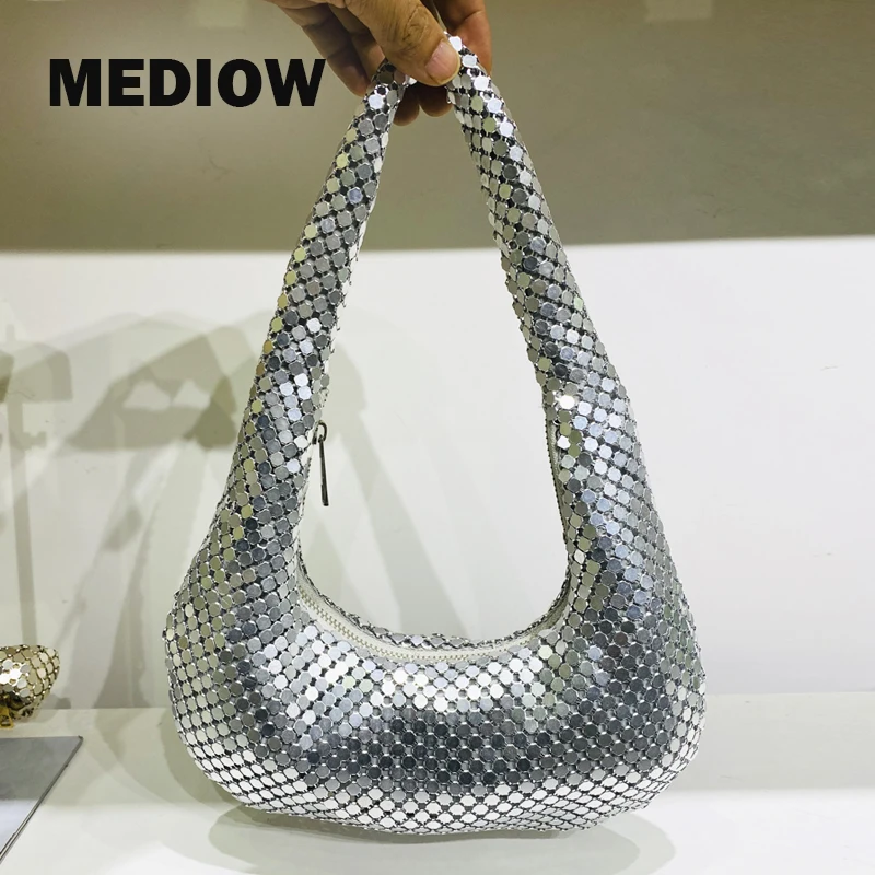 

MEDIOW Metallic Evening Sag For Women Luxury Designer Handbags And Purses 2023 New In Aluminum Sheet Weave Hollow Out Lady Wrist