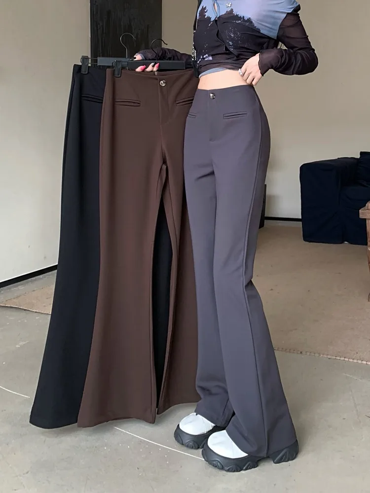 High Waisted Drape Suit Pants For Women In Spring, Black Non Leg Fitting Micro Flared Pants, Loose Straight Leg Wide Leg Pants