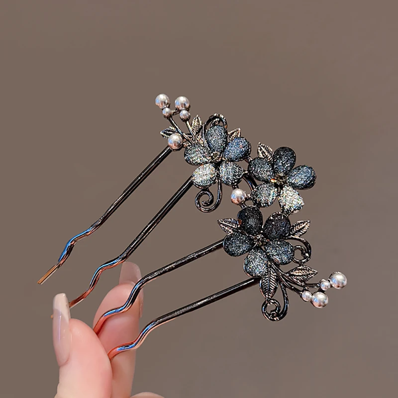 Chinese Ancient Style Exquisite Pearl Rhinestone Flower U-shaped Hair Comb Women Elegant Temperament Daily Metal Hairpin