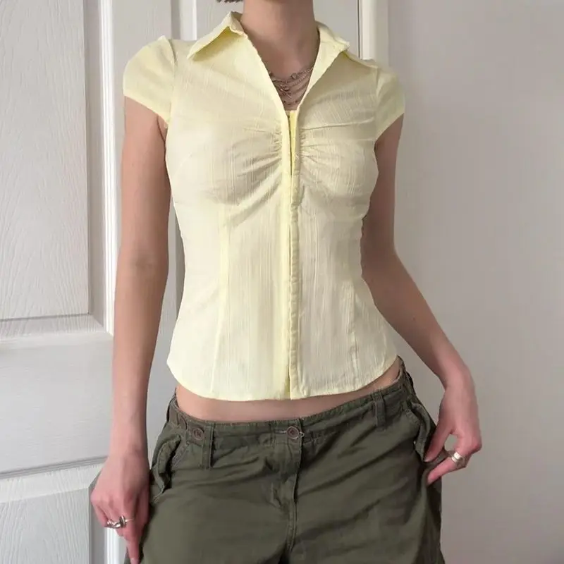 

Sweet Pleated Shirt 2025 Summer American Temperament Simple Spice Casual Women's Shirt
