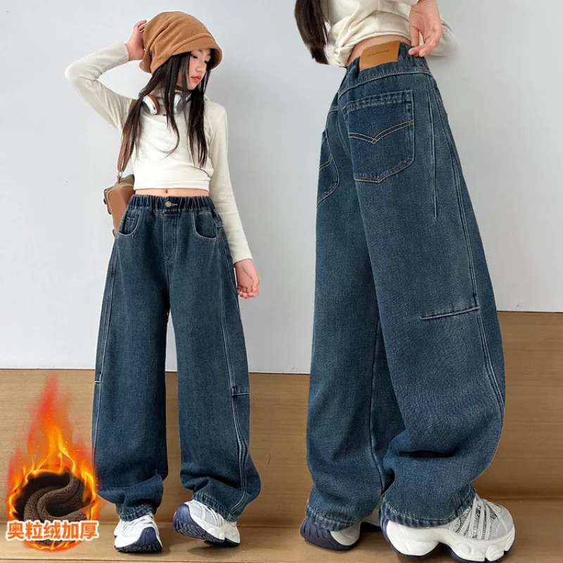 

Kids Child Winter Loose Curved Thermal Jeans with Pocket Embroidery for Tweens Girl Fleece Lined Retro Blue Denim Pants Trousers