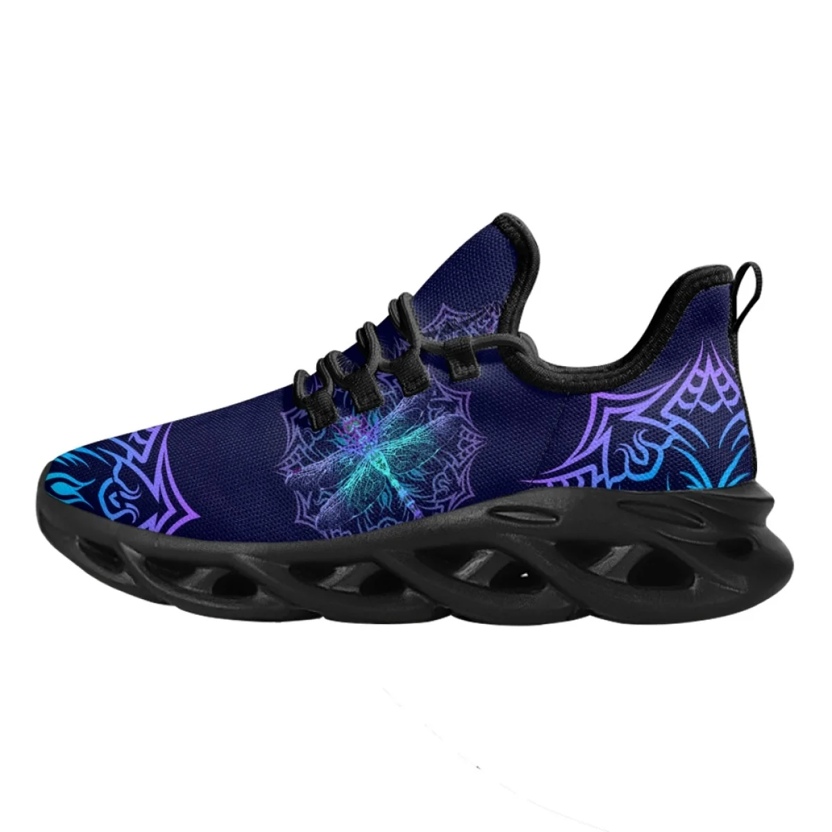 INSTANTARTS Lightweight Lace-up Platform Shoes Dark Purple Mandala Dragonfly Printed Mesh Sneakers for Women Shock Absorption