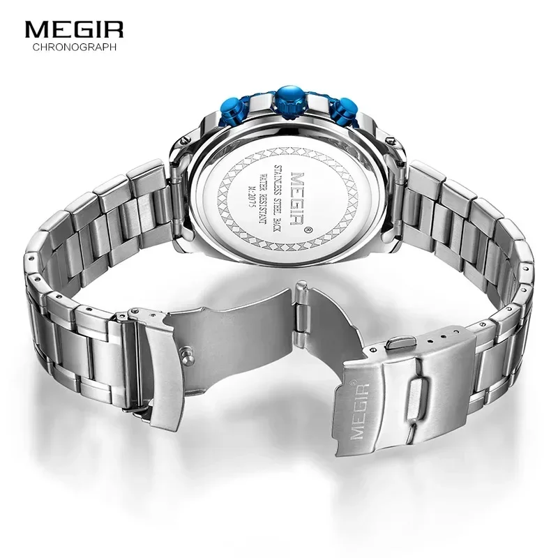 MEGIR Men's Blue Dial Chronograph Quartz Watches Fashion Stainless Steel Analogue Wristwatches for Man Luminous Hands 2075G-2