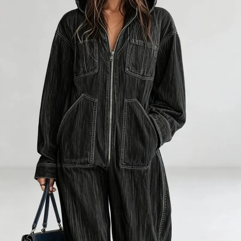 2026 New Autumn And Winter Women's Jumpsuit Denim Hooded With Pocket Fashionable Comfortable Street Style Retro Jumpsuit Pants