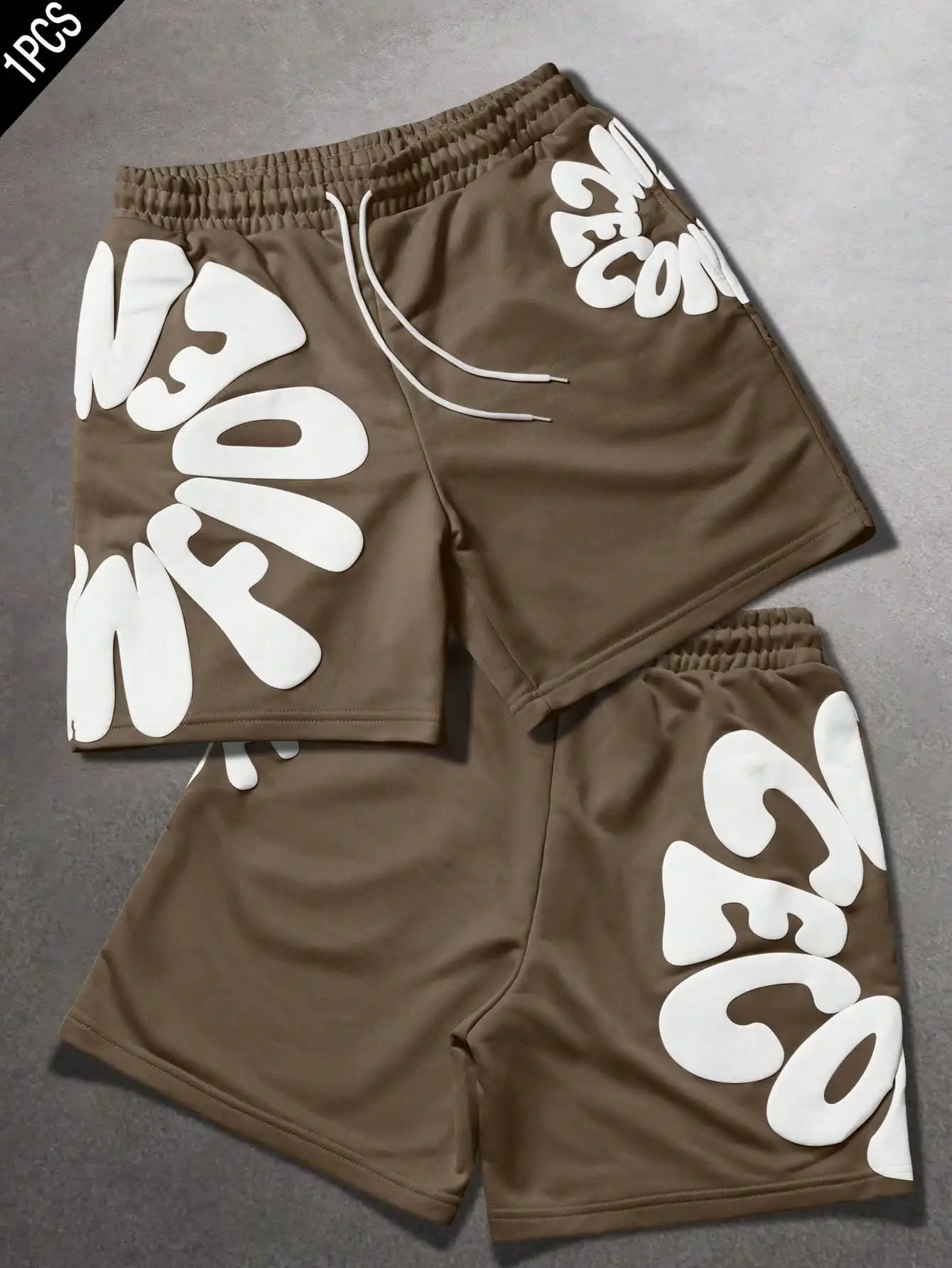 2026 Men Brown 3D Letter Sweat Shorts Casual Streetwear Breathable Cotton Blend Workout Running Hip Hop Sports Short Pants