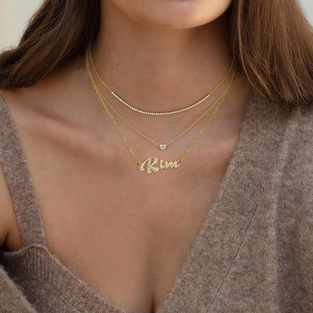 3D Jewelry Thick Custom Name Necklace Stacked Charm Personalized Zircon Names Pendant 18K Gold Plate Mother's Day Gift for Women