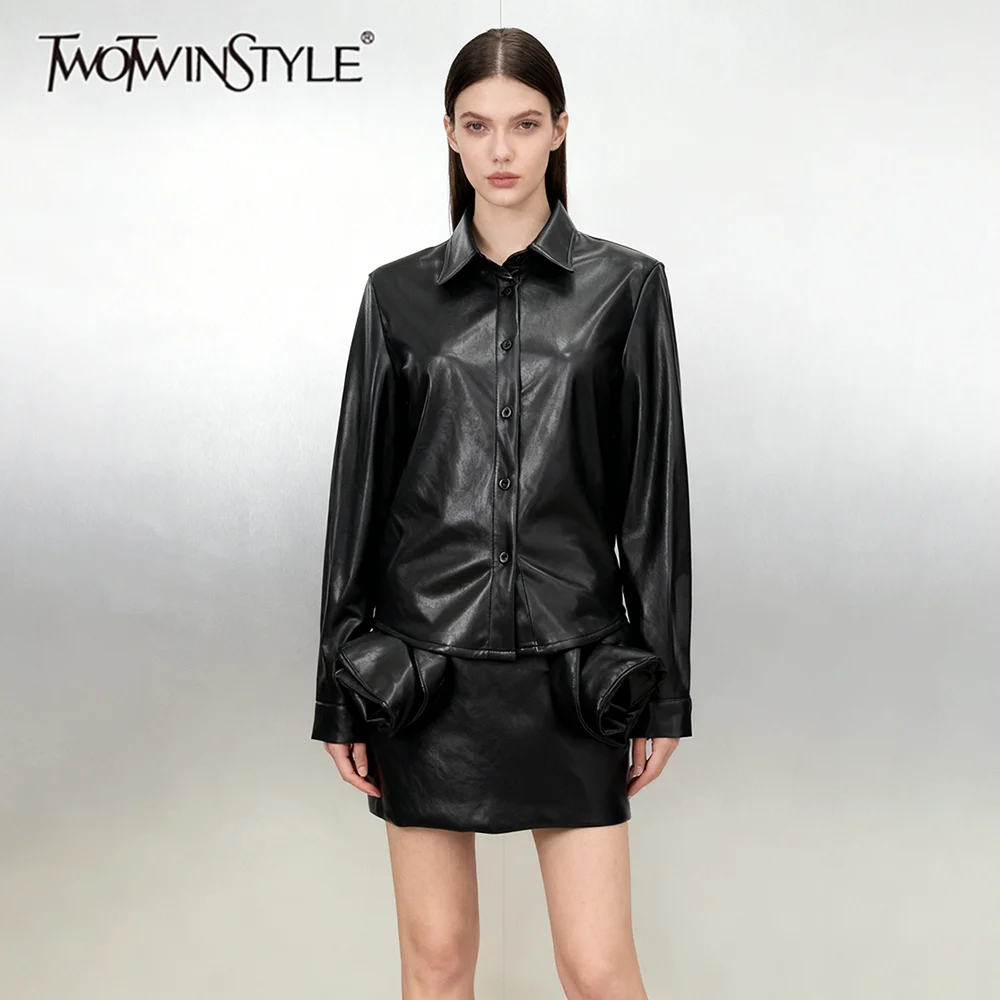 TWOTWINSTYLE Solid Leather Two Piece Sets for Women Lapel Long Sleeves Top High Waist Spliced 3D Flower Skirt Fashion Set Female