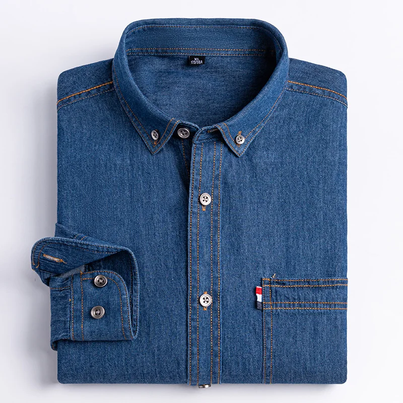 Nowe, dżinsowe koszule męskie bawełniane długie guzik na rękawie przednia kieszeń Casual odzież uliczna Slim Fit sukienka jeansowa wiosenne jesienne odzież młodzieżowa