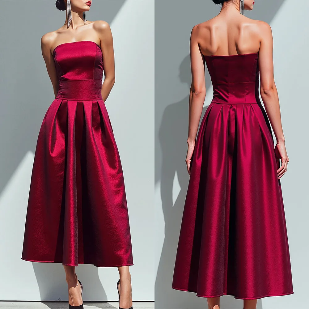 

High Quality Customized Strapless Red Sleveless A-line Ankle Length Zipper Backless Reception Dresses for Weddings Robe Satin