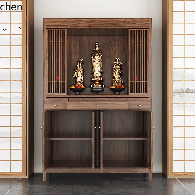 b3 Black Walnut Wood Altar Table Solid Wood Shrine Buddha Table Hidden Door Home Buddha Hall God of Wealth Cabinet