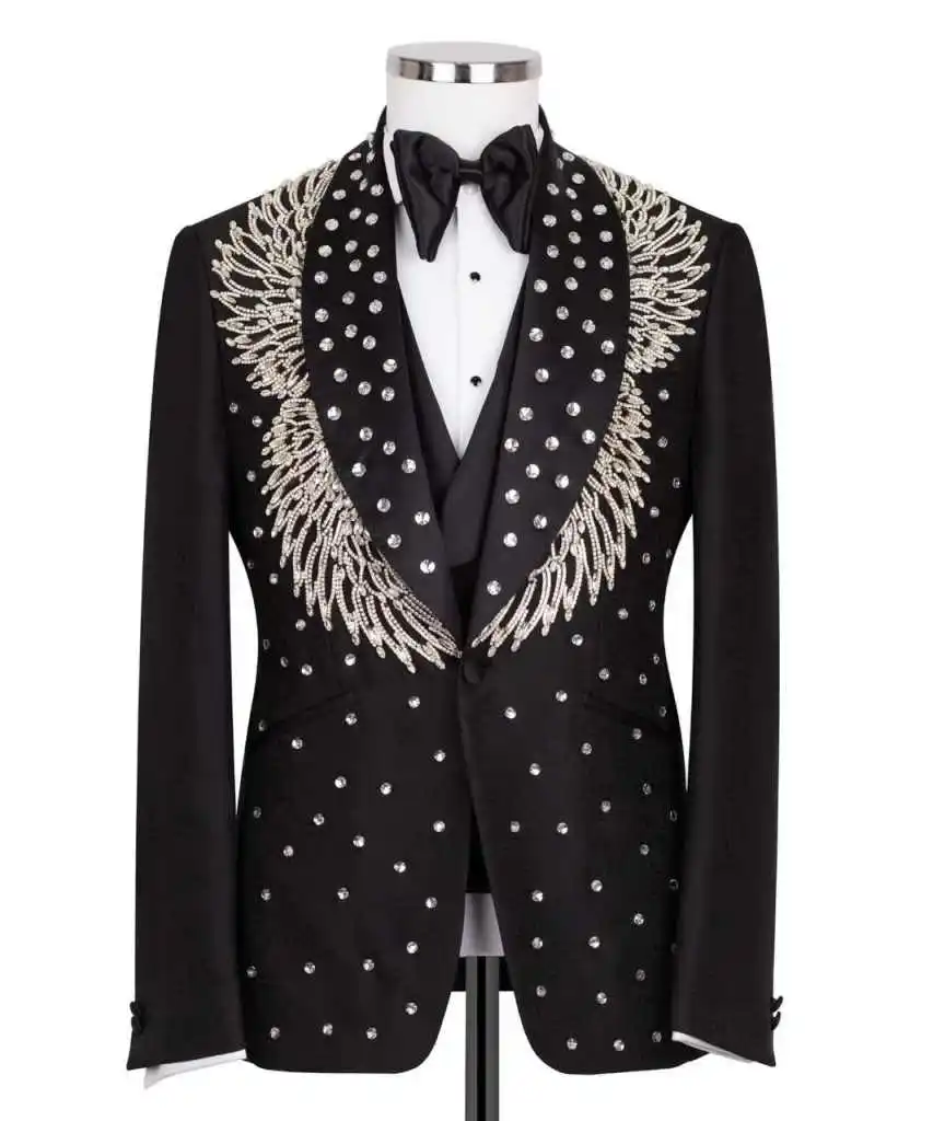 Luxury Mens Suits 2 Pieces Blazer Pants High Quality Beaded Crystals One Button Slim Fit Suits Wedding Groom Dinner Party