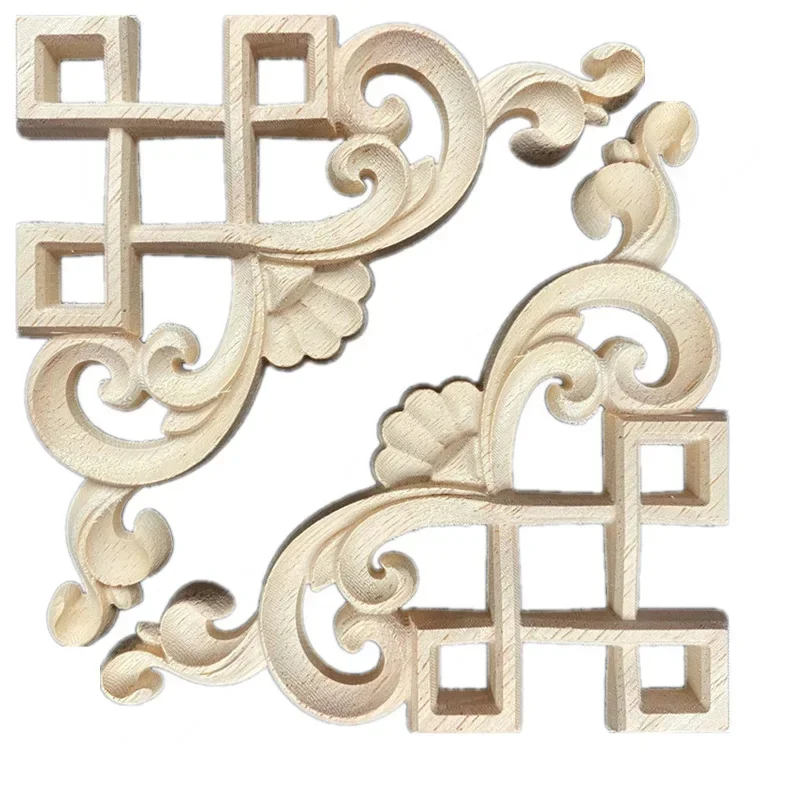 2PCS 12cm Natural Floral Wooden Figurines Crafts Wood Carved Corner Appliques Frame Wall Door Furniture Woodcarving Decorative