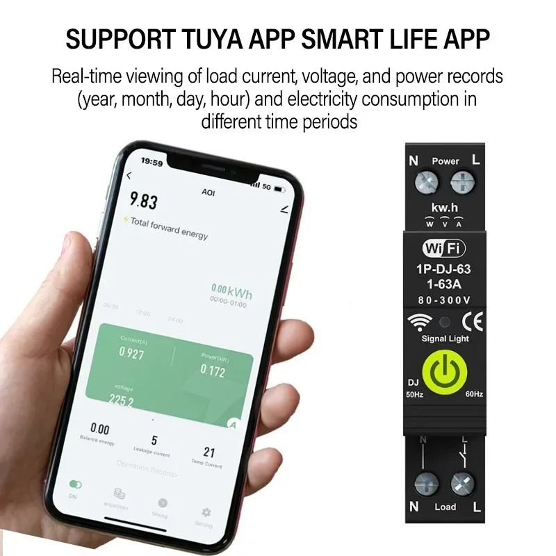 TUYA Smart DC WiFi Circuit Breaker 220v MCB 1P+N 63A Voltage Current Protector DIN Rail Wireless Remote Control Switch By APP