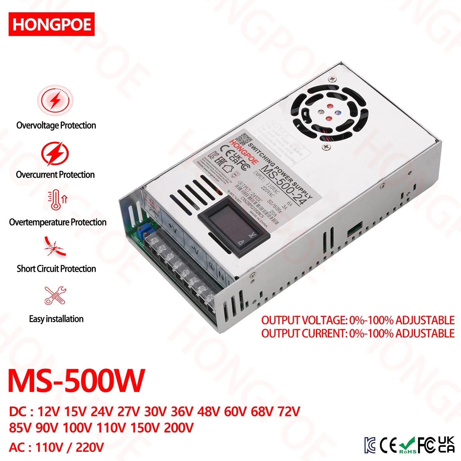 500W DC switching power supply 0-200VDC adjustable 110/220V AC to DC industrial-grade transformer for LED strip motors CCTV SMPS