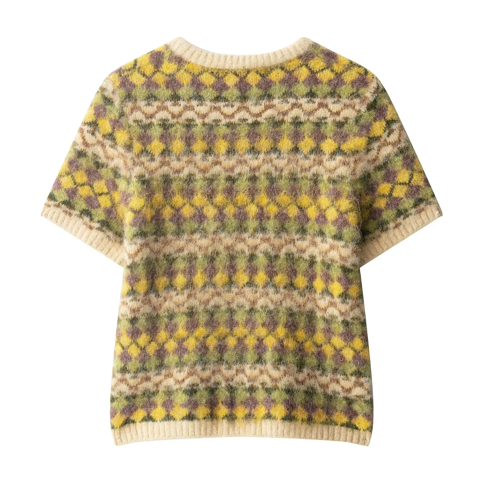 Zevity Women Vintage Short Sleeve Contrast Color Geometric Crochet Knitting Sweater Female Chic Slim Pullovers Coat Tops SW9482