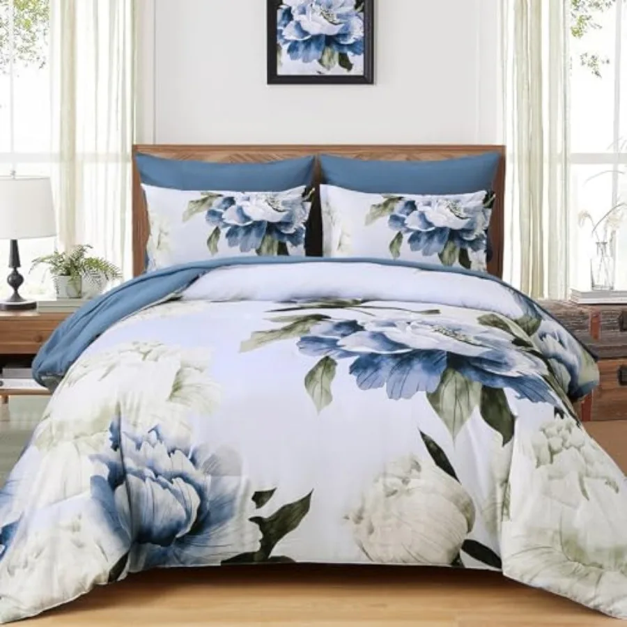 

Comforter Set 7 Pcs Bed in a Bag Floral Print on Light Comforter Set with Sheets Soft Microfiber Complete Bedding Set for All S