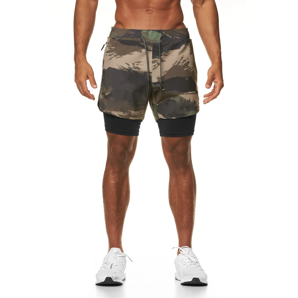 Mens 2 IN 1 Fitness Shorts Gym Bodybuilding Mesh Stretch Shorts Two Pieces GYM Camo Green Training Running Workout Short Pants