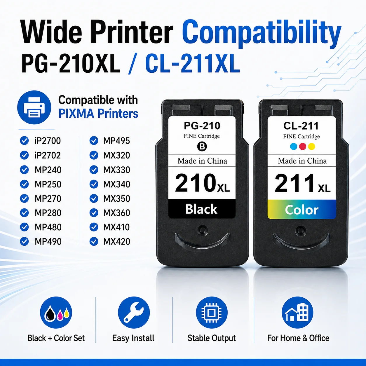 PG-210XL CL-211XL Compatible Ink Cartridge Set for Canon PIXMA iP2700 MP240 MP280 MX410 Black Color