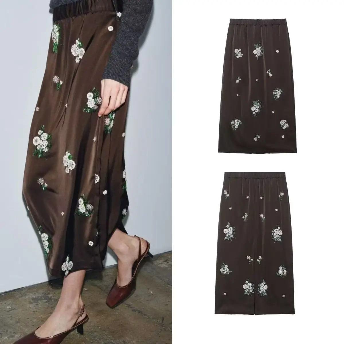 

Vintage Women Sequin Embroidered Skirt Spring Casual Mid Elastic Waist Women's Side Zip Lady Skirts Fashion Chic Female Skirts
