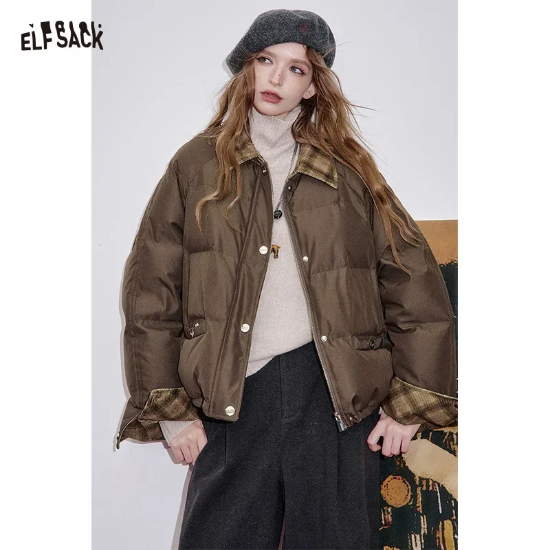 ELFSACK  Autumn Casual Plaid Patchwork Winter Loose Down Jacket For Woman