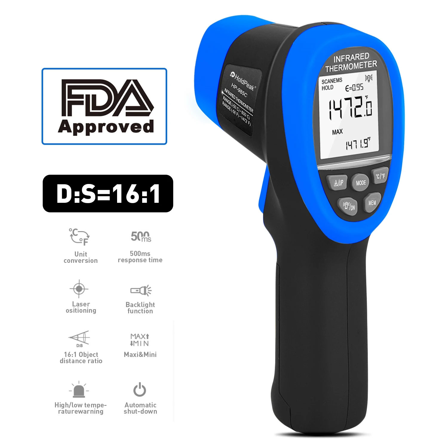 HOLDPEAK HP-985C Infrared Thermometer Gun - Non Contact 16:1 IR Laser Temperature Gun Digital Instant Read -50℃~800℃(-58℉~1472℉)