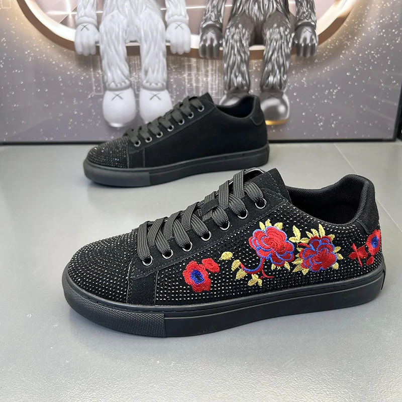 men's luxury fashion embroidery shoes lace-up rhinestone shoe cow suede leather flats sneakers punk hip hop dress trend footwear