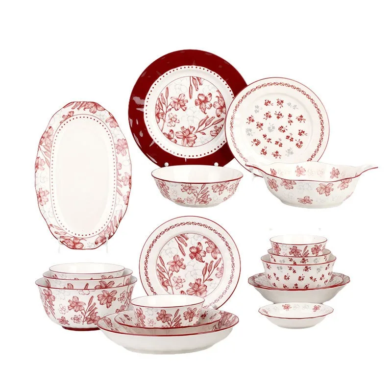 Porcelain tableware for 10 people, 70-head dish set, household underglaze wedding housewarming gift bowl gift box