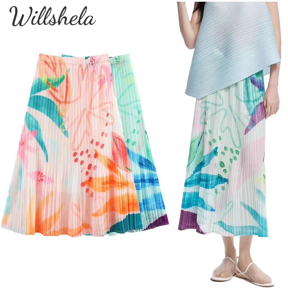 Willshela Women Fashion Printed Large Swing Pleated Midi A-Line Skirt Elastic Waist Female Chic Lady Casual Long Loose Skirt