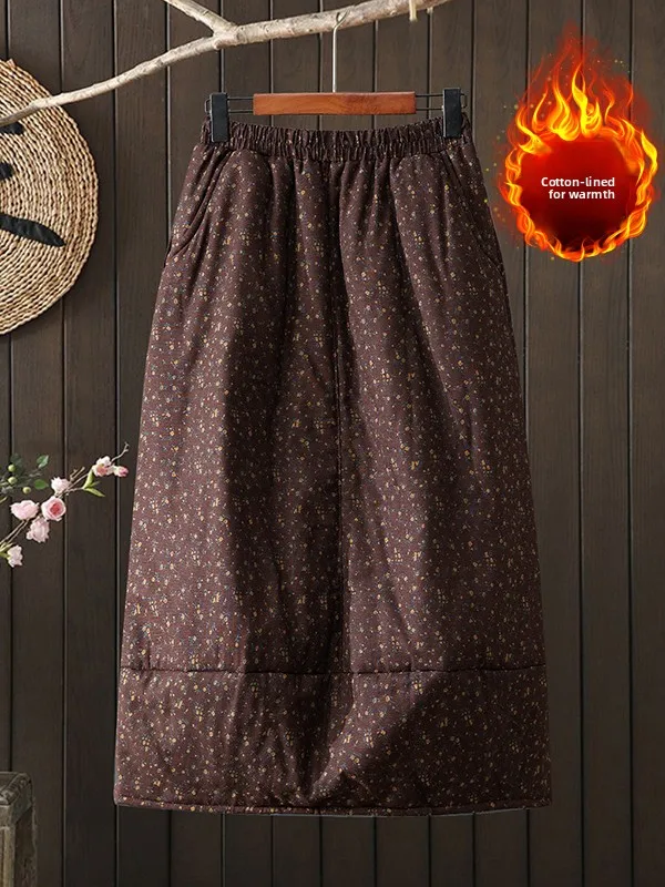 Jupe rétro en coton et lin à fleurs, jupe à bourgeons de fleurs artistiques, taille élastique, grande taille, jupe trapèze décontractée pour femmes