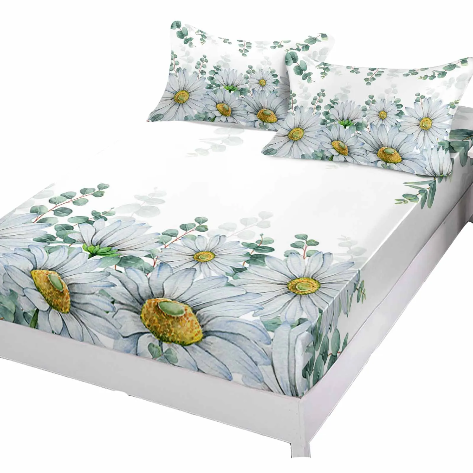 Eucalyptus American Idyllic Plant Flower Daisy Fitted Sheet Elastic Bands Non Slip Adjustable Mattress Covers Single King Bed