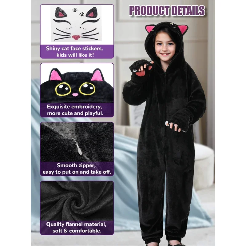 Pijama de mono negro de felpa suave para niñas con guantes y pegatinas de gato, conjunto de ropa de dormir cálida de invierno, perfecto para Halloween mb.3