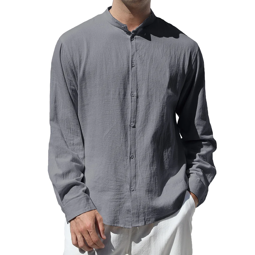 Men's Cotton Linen Shirt Long Sleeve Breathable Lightweight Henley Neck Comfortable Shirts Casual Vacation Single Breasted Top