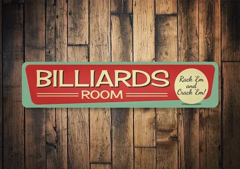 Letrero Metálico Vintage de Estilo Retro de Mediados de Siglo, con la Frase 'Billiards Room Rack 'Em and Crack 'Em', Pintura Decorativa de Hierro para Sala de Billar y Hogar